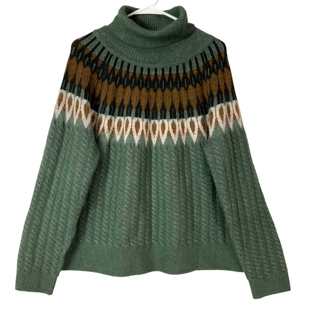 Evereve Green Fair Isle Cable Knit Sweater M Pullover Turtleneck Long Sleeve